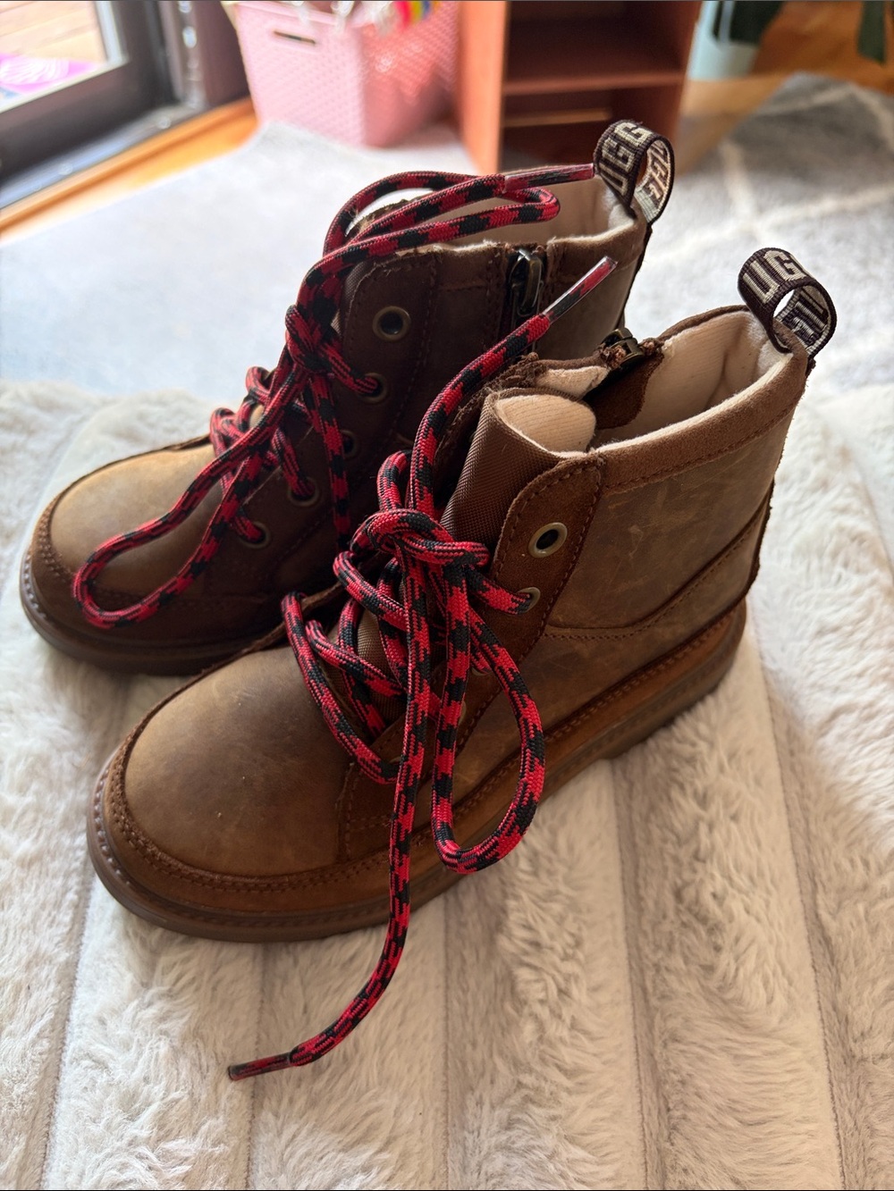 Kids Brown Leather-Look Uggs Lace-Up Boots with Red Accents - 12